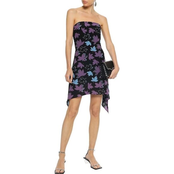 VERSUS VERSACE New 46 US 10 Strapless Floral-print Silk-crepe Mini Dress Black - Picture 1 of 15